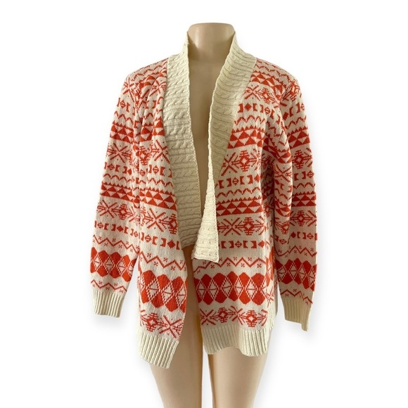 AZTEC PRINT LONG Open Knit Cardigan Sweater Southwest Orange Ivory Boho - Picture 1 of 10